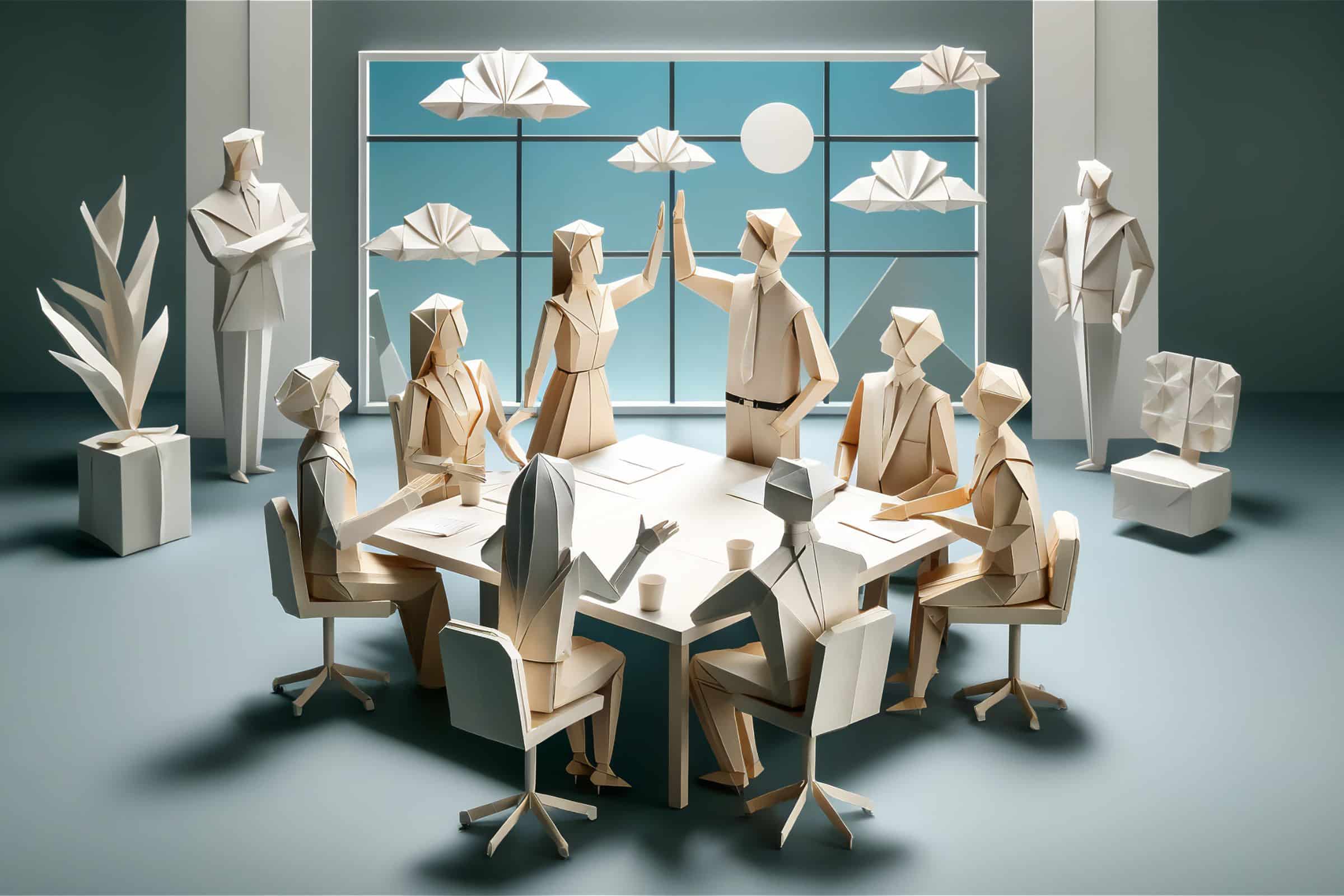origami people in a workshop